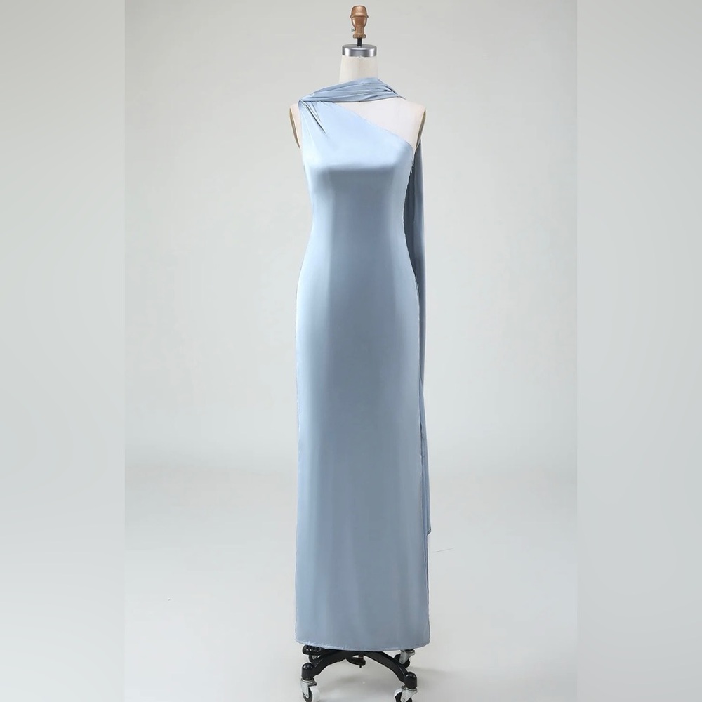 Wedtrend Dusty Blue sheath satin one shoulder dress